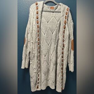 POL Brown Cable Knit Hooded Elbow Patch Sweater Cardigan Duster